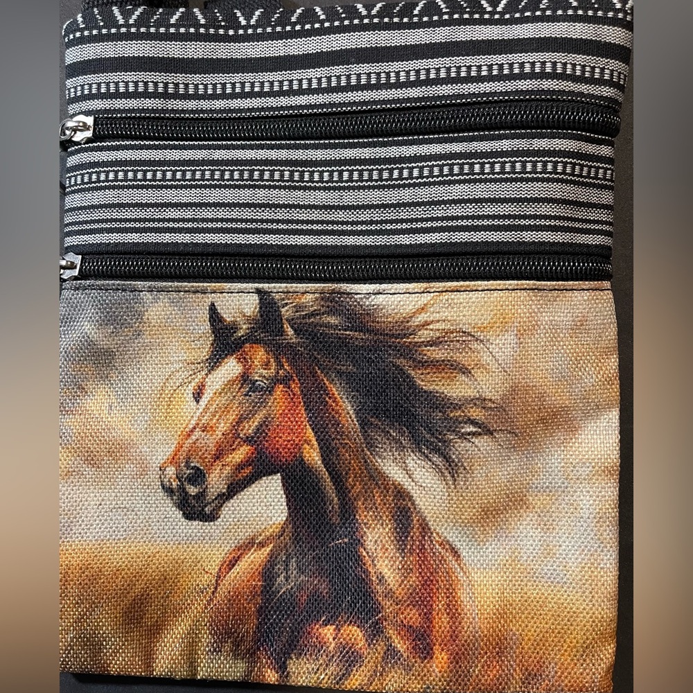 Horse Print Oil Painting Styled Crossbody Bag, 2 Side Zip Pockets 9.5x8 NEW